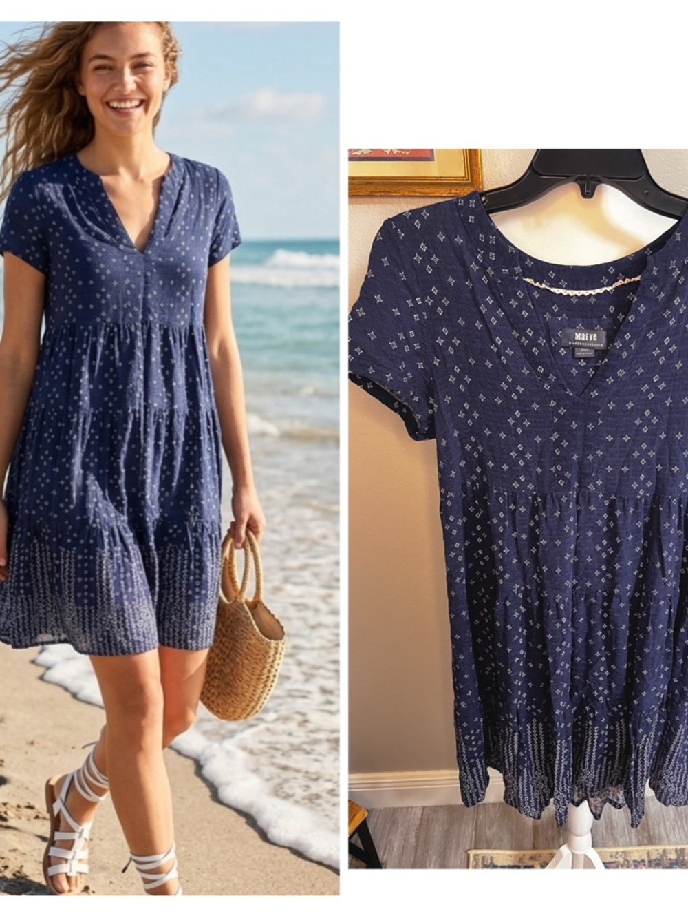 Anthropologie Meave Baby Doll Blue V-Neck Dress Medium Short Sleeve